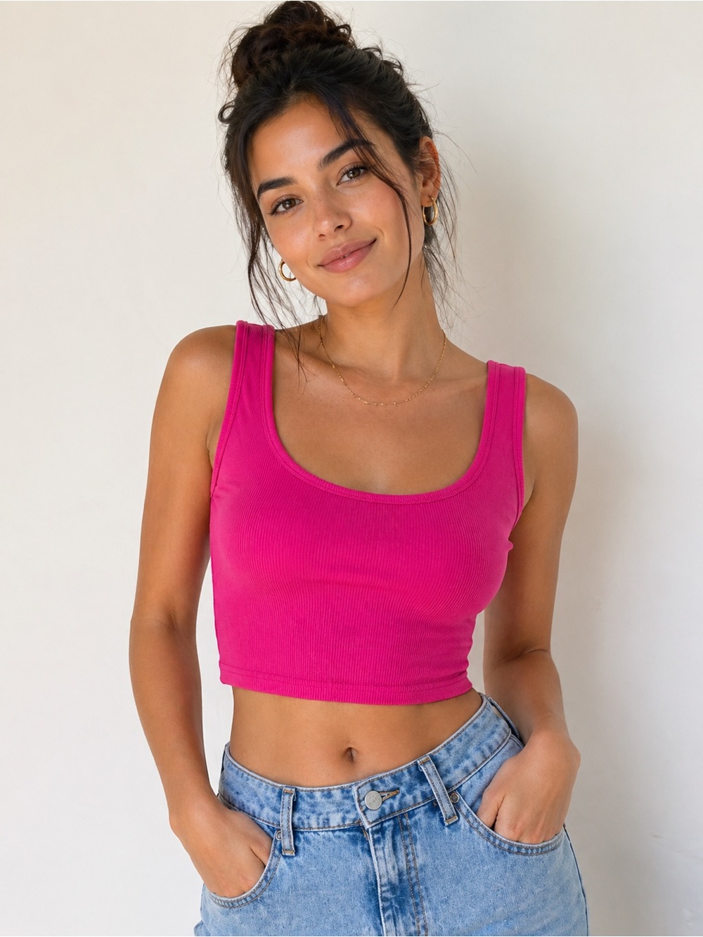 Hot Pink Ribbed Crop Tank Top | Y2K Summer Basic | XS S